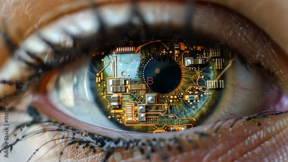 Aufkleber a detailed view of a human eye showcases stunning circuit board designs within the iris, symbolizing