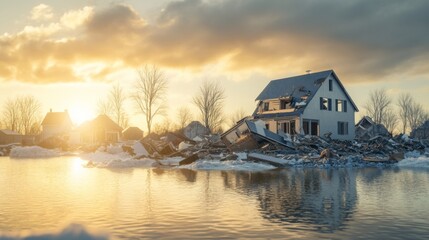 Fototapeta premium Desolate Landscape of a Flood-Damaged Home Surrounded by Debris and Calm Water at Sunset, Capturing the Aftermath of Natural Disaster and Environmental Change