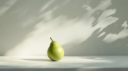 Pear with a smooth green skin, resting upright on a white surface with soft natural lighting, clean and minimalistic setup,