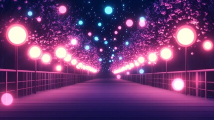 Fototapeta premium Enchanted Pathway Illuminated by Colorful Spheres and Blossoms Under a Starry Sky in a Serene Evening Landscape