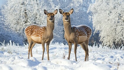 Fototapeta premium Two deer standing in a snowy meadow, with frost-covered trees in the background