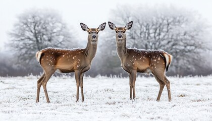 Two deer standing in a snowy meadow, with frost-covered trees in the background