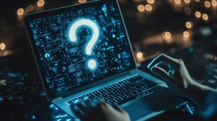 Question mark holograms over a laptop, hands in action, concept of curiosity and problem solving, blue black contrast,