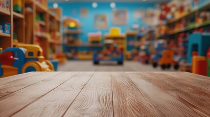 Empty wooden table top with blur background of toy store. Generated with AI