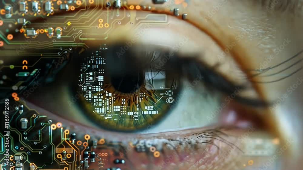 Poster an eye reveals stunning features enhanced by intricate circuitry and artificial intelligence element