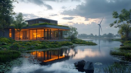 Fototapeta premium Lakeside Home, Wind Turbine, Sustainable Living