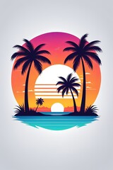 Fototapeta premium Mesmerizing sunset in tropical setting, vibrant colors blending into serene landscape, palm trees framing picturesque view, perfect for travel, relaxation, and adventure imagery.