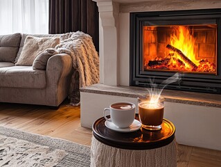 Warm living space with a fireplace and hot cocoa on a side table near a plush sofa