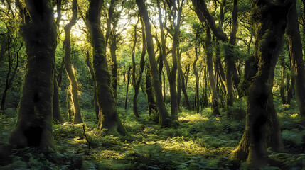 Fototapeta premium a dense forest with tall, ancient trees covered in thick moss, the sunlight filtering through the canopy and casting dappled shadows on the forest floor. Dapplewood. Illustration