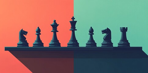 An abstract representation of geometric and chess pieces highlights the themes of balance, intellectual play, and stability, drawing parallels with the game of chess.