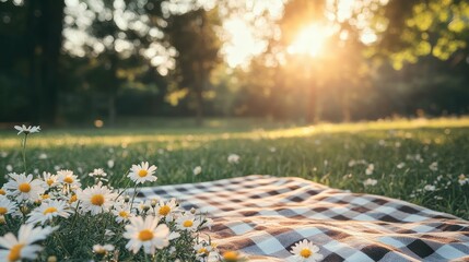 Sunny backyard picnic with a checkered blanket and blooming wildflowers, sharp natural details, warm lighting,