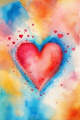 Ein strahlendes rotes Herz, umgeben von kleinen Herzen und farbenfrohen Aquarellhintergründen,  perfekt für Valentinstag oder Liebesgrüße. Generative KI.