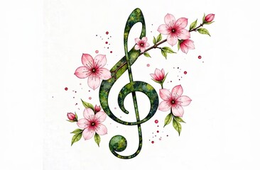 Colorful floral treble clef design merging nature and music in vibrant artwork