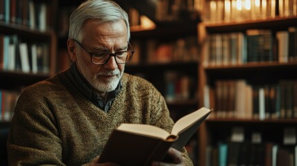 Senior man with gray hair wearing glasses reading a book in a library, surrounded by bookshelves, warm indoor lighting,