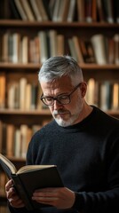 Senior man with gray hair wearing glasses reading a book in a library, surrounded by bookshelves, warm indoor lighting,