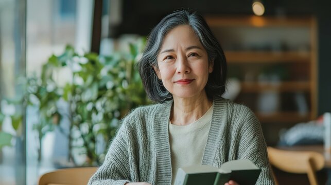 Middle aged Asian woman in her 50s, wearing a casual cardigan, sitting in a modern cafe with a book on the table