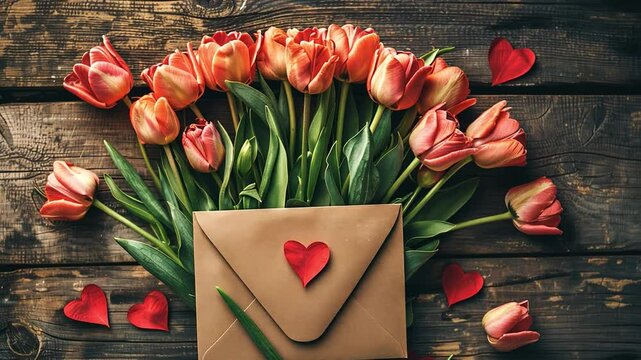 This Pink tulips encircle a brown envelope with a red heart, ideal for showing love.
