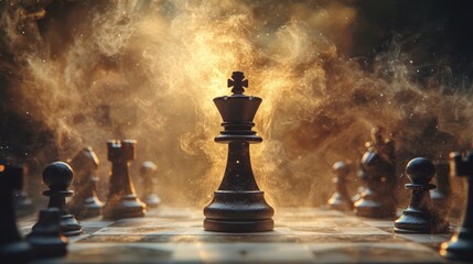 This photograph features a chess king isolated at the board's center, amidst various chess pieces, symbolizing both strategy and power.