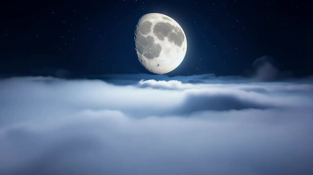 video of luminous full moon shrouded rolling fog creating serene mysterious nighttime ambiance endless looping animation
