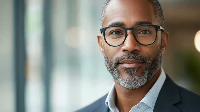 Middle aged Black man in his 40s, wearing glasses and a suit jacket, looking confidently into the camera, blurred office backdrop