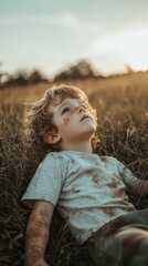 Little boy with grass stains on his knees and elbows, lying on the grass in a sunlit field, carefree and playful scene,