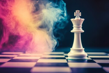 A luminous golden chess piece, signifying strategy and strength, is dramatically highlighted by vibrant smoke in shades of blue, pink, and orange, producing a captivating visual contrast on a classic