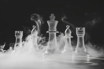 A man in a game of chess. The silhouette of a person, distorted and frightening, is present at the chessboard with the chess figures. The background is dark and foggy.