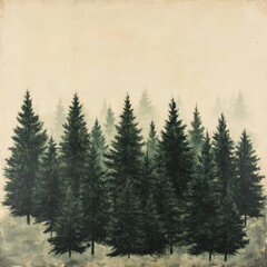 Obraz premium Mystical Forest Landscape with Tall Evergreen Trees in Fog