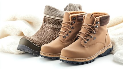 Winter shoes sale banner design with warm, sturdy shoes displayed on a white background