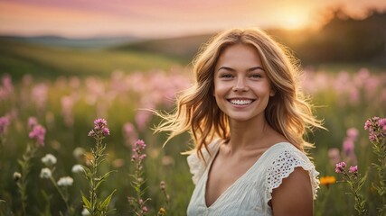 Radiant young woman smiling amidst blooming wildflowers at sunset, embracing the beauty of nature in a serene landscape