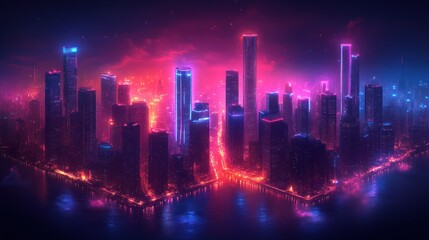 Obraz premium Futuristic cityscape with neon lights at night.