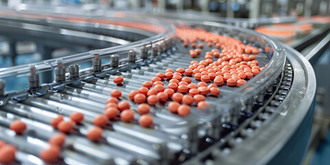 Obraz premium Red pills moving on an automated conveyor belt in a factory, Pharmaceutical production line in operation 