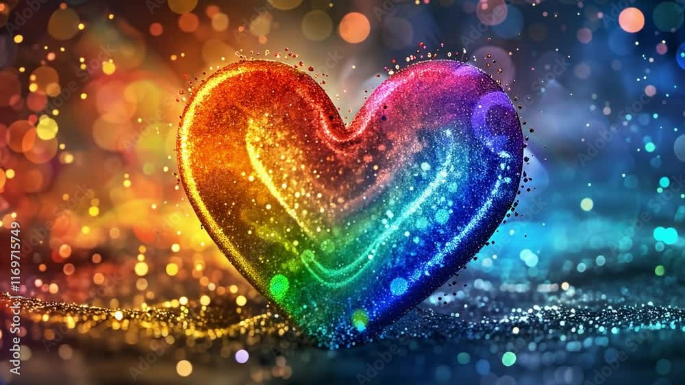 Poster this colorful heart sparkles on a softly glowing backdrop, ideal for valentines day.