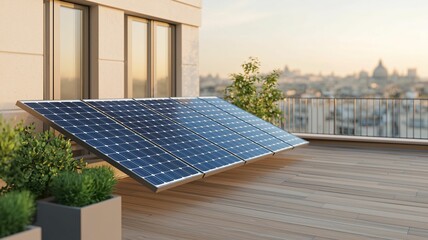 Modern solar panel installation on rooftop urban setting evening light sustainable energy concept