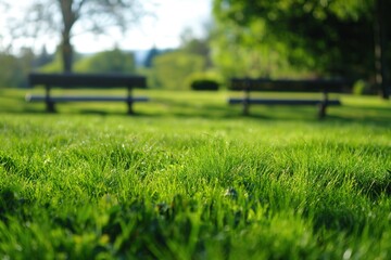 fresh green grass in a sunlit park with two empty benches blurred background bright nature copyspace concept of environment lifestyle relaxation