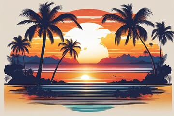 Captivating view of sunset over tropical oasis, palm trees swaying gently, vivid colors illuminating mountains and waters, ideal for lifestyle and adventure-themed imagery.