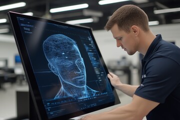 Man analyzing a 3D holographic display with a digital human face in a futuristic lab environment. technology research and innovation