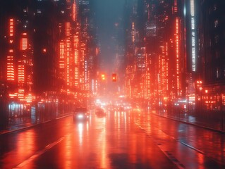 Cyberpunk city street at night, rain reflecting neon lights.