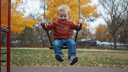 Joyful Child Playing on Swing during Autumn Day in Playground