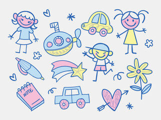 Cute Doodle Kids Theme Set for Children Projects with Hand-Drawn Style Flowers Vehicles and Toys