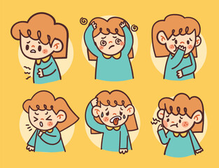 Cute Illustrations of Kids Expressing Illness Sick Symptoms with Hand-Drawn Cartoon Style for Health and Learning Projects