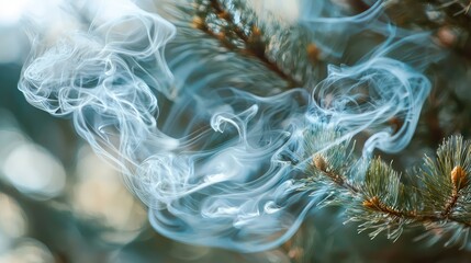 Ethereal Smoke Swirling Among Green Pine Needles in Nature