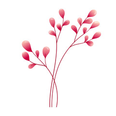 Beautiful twigs with pink leaves isolated on white background. Vector botanical element for Valentine s Day. Perfect for romantic cards, logo, decorations, spring and summer designs.