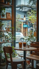 Fototapeta premium Cozy Cafe Interior with Drinks and Natural Light Through Window
