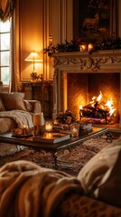 Fototapeta premium Cozy and Elegant Living Room with Warm Fireplace Glow