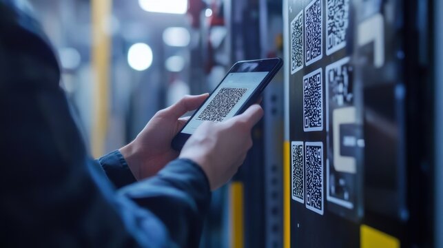A closeup of a maintenance worker using a handheld device to scan QR codes on equipment with AR data popping up detailing previous service history and parts needed.