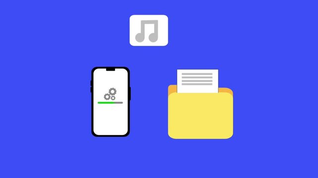 File copy from smartphone to another folder in modern design. Data transfer animation on the blue background. Document backup, cloud database. Motion graphics.