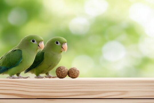 Two green parakeets perched on a wooden bar with textured green bokeh background. companionship and nature concept