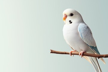 White budgerigar perched on a branch against a soft green background. pet awareness and nature campaigns