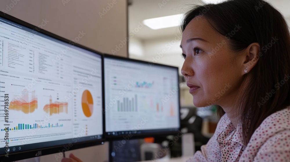 Poster a screenshot of a digital dashboard displaying realtime analytics with factory personnel discussing 